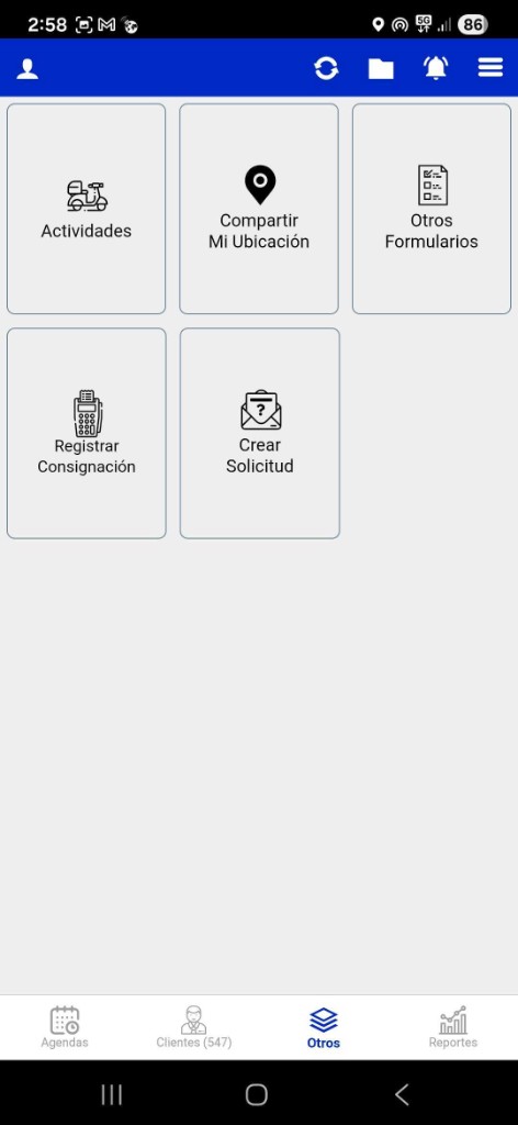Menú de la app R-SALES con módulo de actividades