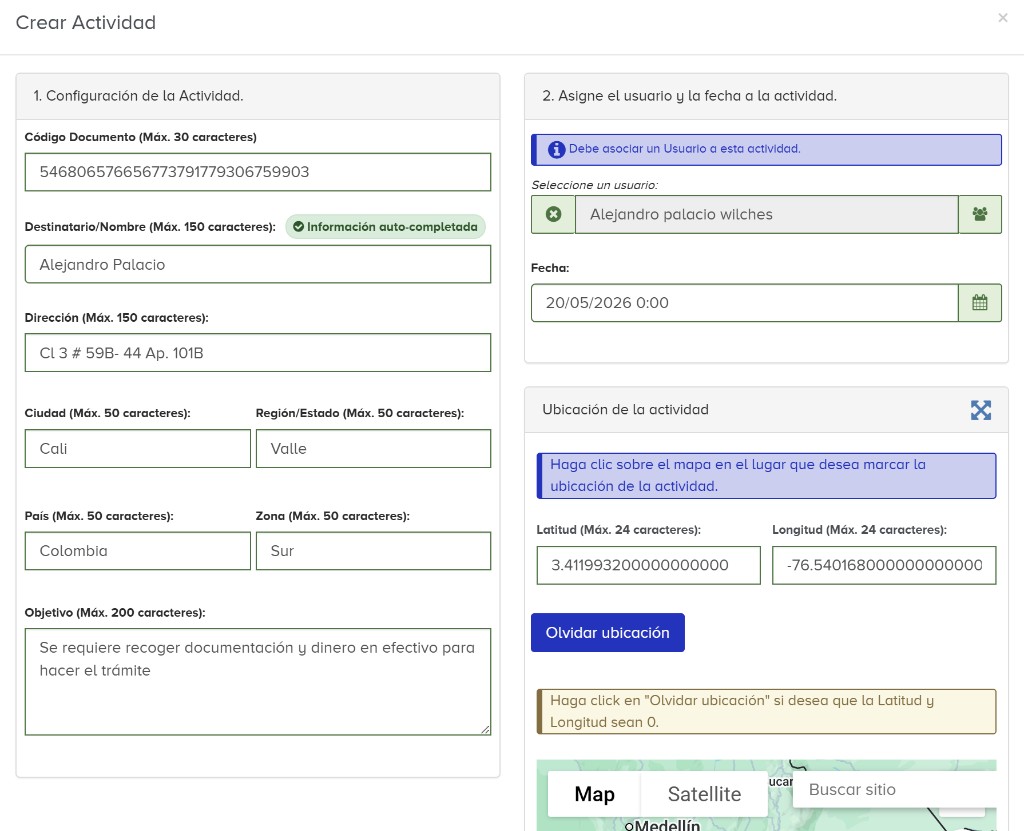 Crear actividad en R-SALES - asignación de tarea con geolocalización