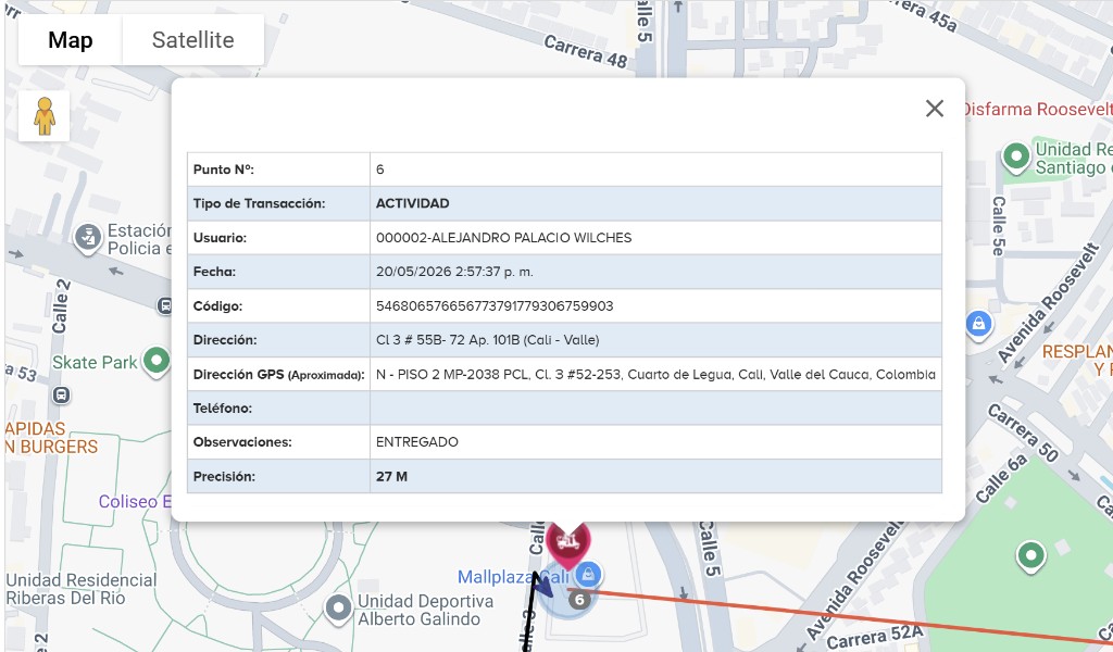Mapa GPS con ubicación verificada de actividad completada